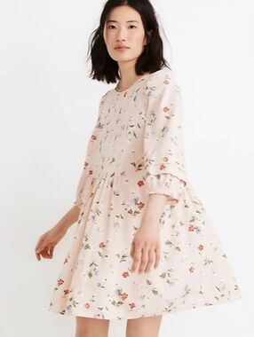 Madewell Pink Floral Puff-Sleeve Swing Dress, Size XS